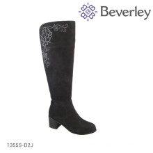 Botte femme en cuir de vachette brodée noire, botte de fourrure d&#39;hiver